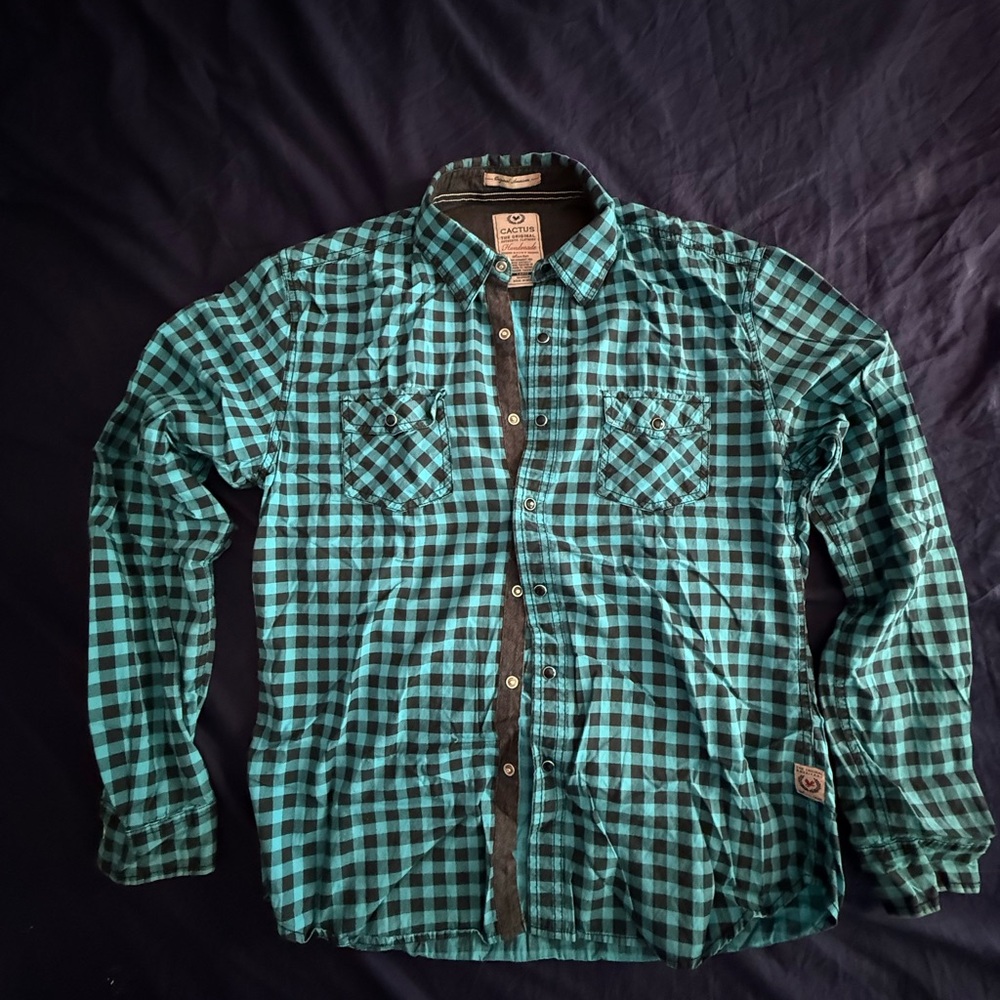 Cactus Teal and Black Plaid Button Down Shirt